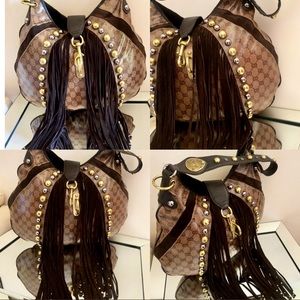 💯Gucci
Babouska Fringe Studded Leather Canvas Bag